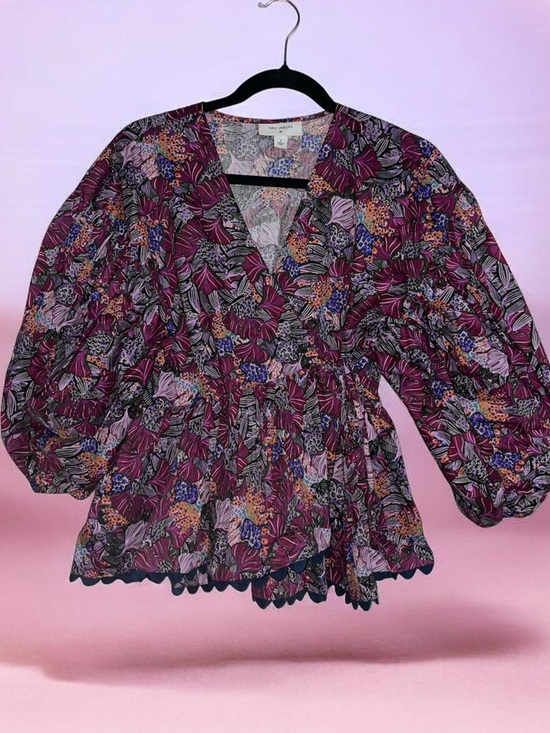 Kika Vargas Tops - Women’s Floral V-Neck Peplum Blouse - Purple
